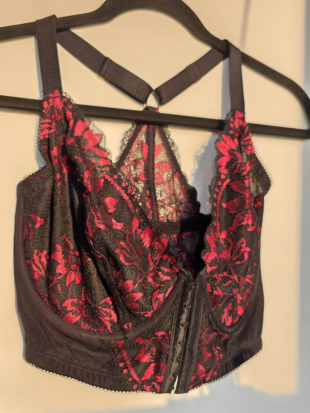 Pour Moi Size 34i Black & Red Lace Longline Bustier Bralette Front Closure, New